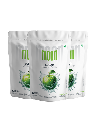 Three pouches of Moon Lunar Green Apple Hydration Booster electrolyte drink mix from MOONFREEZE FOODS PRIVATE LIMITED.