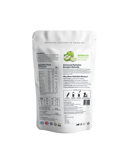 A pouch of Moon Lunar Green Apple + Lemon Hydration Booster drink mix, featuring nutrition facts and product information from MOONFREEZE FOODS PRIVATE LIMITED.