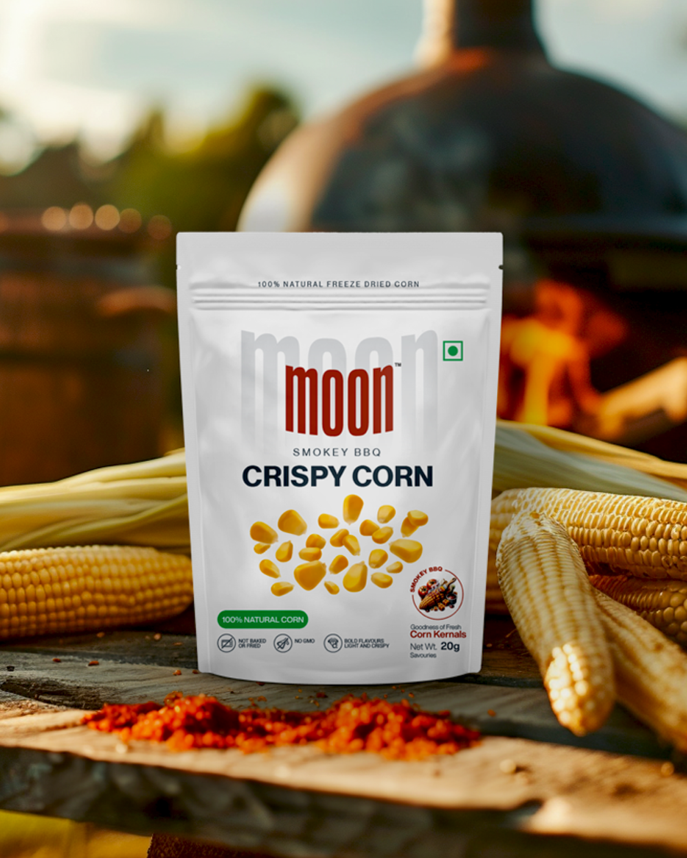 A bag of Freeze Dried Crispy Corn Smokey BBQ next to a grill from MOONFREEZE FOODS PRIVATE LIMITED.