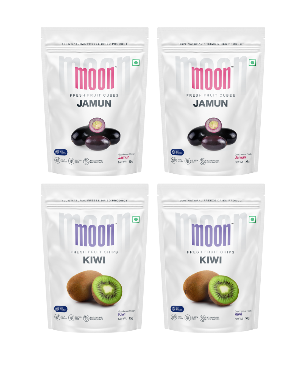 Four packages of MOONFREEZE FOODS PRIVATE LIMITED's Moon Freeze Astronaut's Diet Pack, suited for an astronaut's diet, two with freeze-dried Jamun Cubes and two with kiwi fresh fruit chips.