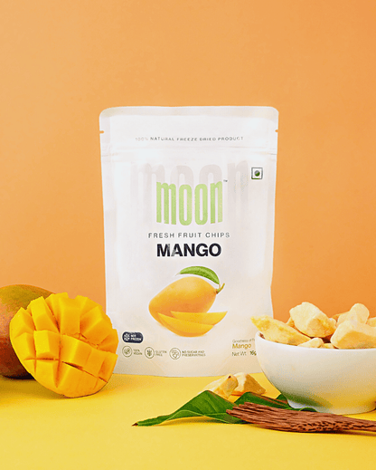 A bag of Themoonstoreindia Moon Freeze Dried Mango Slices (Size: 16 Grams) with a bowl next to it.