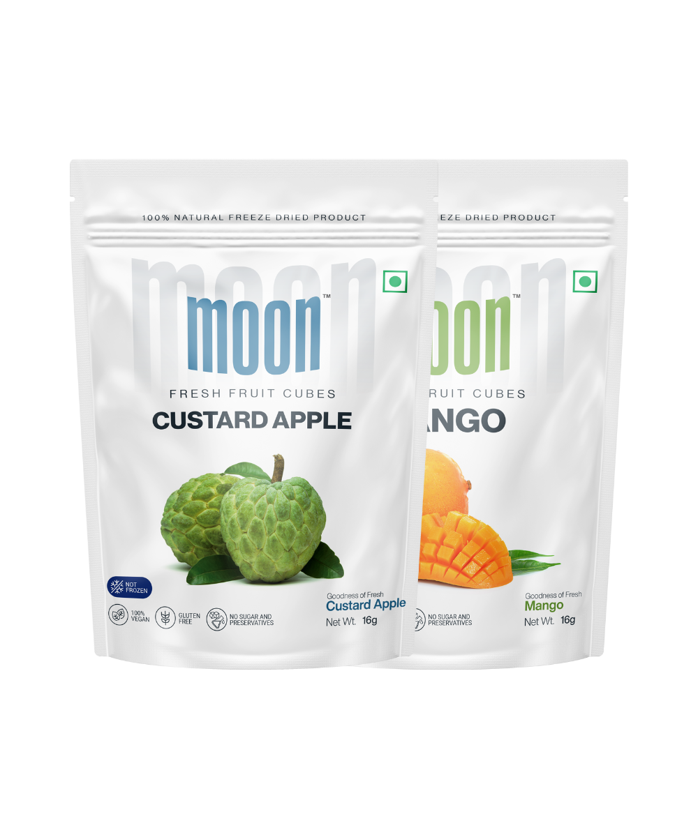 Two packages of durable, lightweight Moon Freeze Dried Custard Apple Cubes + Mango Cubes by MOONFREEZE FOODS PRIVATE LIMITED.