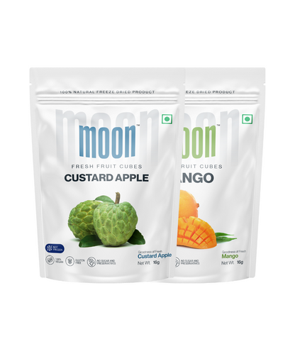 Freeze-Dried Custard Apple and Mango Cubes, 16g packs, natural and preservative-free snacks.