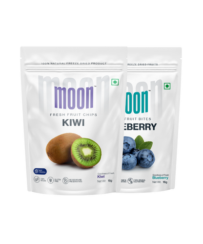 Fresh Fruit Chips Kiwi and Blueberry packs side by side.