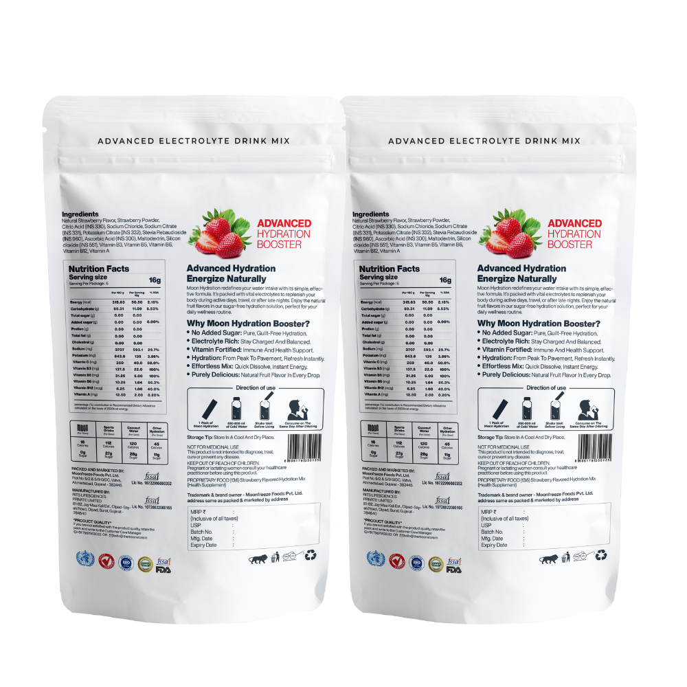 Two packs of Moon Strawberry Lunar Hydration Booster, labeled as "Strawberry Hydration Booster," featuring post-workout recovery information and images of strawberries on the front.