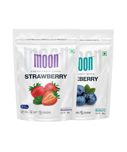 Two packages of Moon Freeze Dried Strawberry + Blueberry snacks from MOONFREEZE FOODS PRIVATE LIMITED.