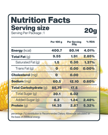 BBQ seasoning nutrition facts for Freeze Dried Crispy Corn Smokey BBQ by MOONFREEZE FOODS PRIVATE LIMITED.