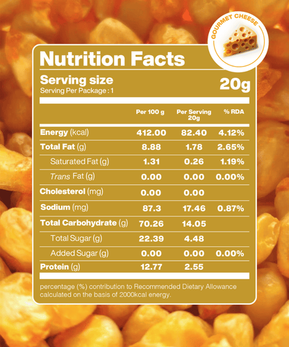 Nutrition Facts label for a 20g serving of MOONFREEZE FOODS PRIVATE LIMITED Freeze Dried Crispy Corn Gourmet Cheese with a gourmet cheese flavor, detailing energy, fats, cholesterol, sodium, carbohydrates, sugars, added sugar, and protein percentages relative to a 2000kcal diet. Perfect for pairing with crispy corn snacks.