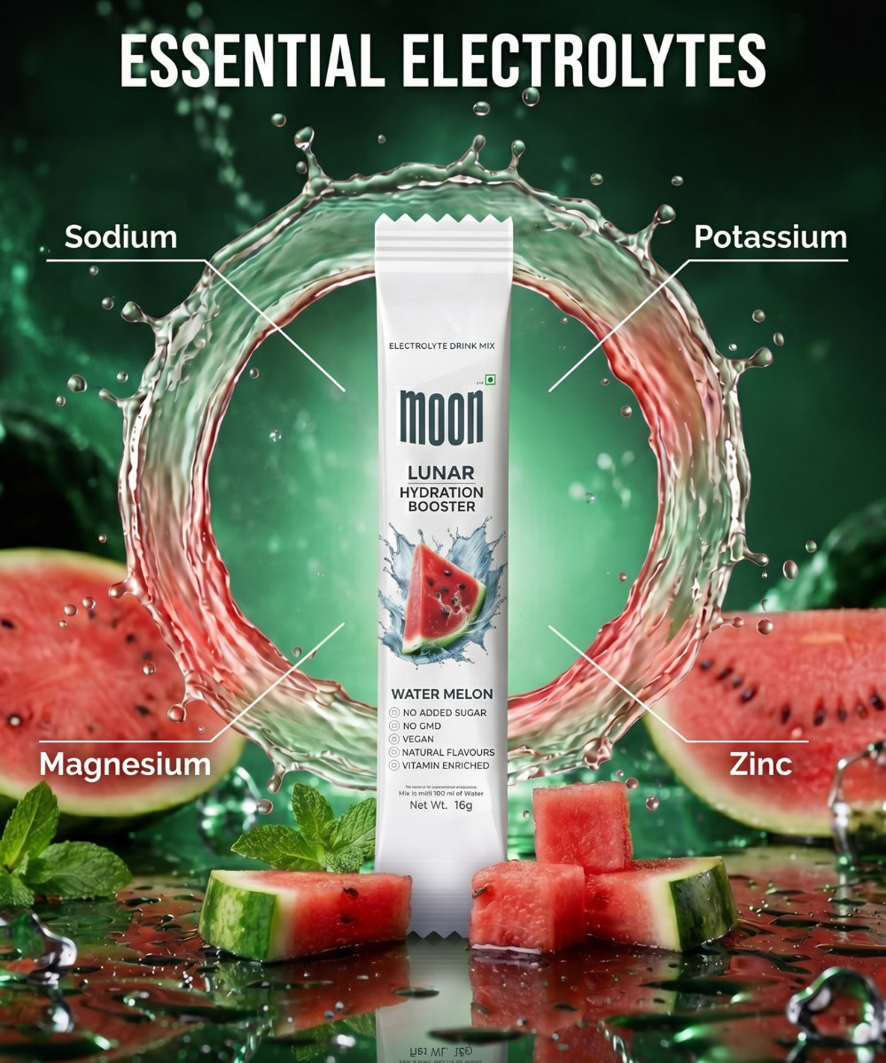 MOONFREEZE FOODS PRIVATE LIMITED's Lunar Hydration Booster - Watermelon features electrolytes—sodium, potassium, magnesium, zinc—and B vitamins for extra hydration, shown with splashing water and watermelon slices.