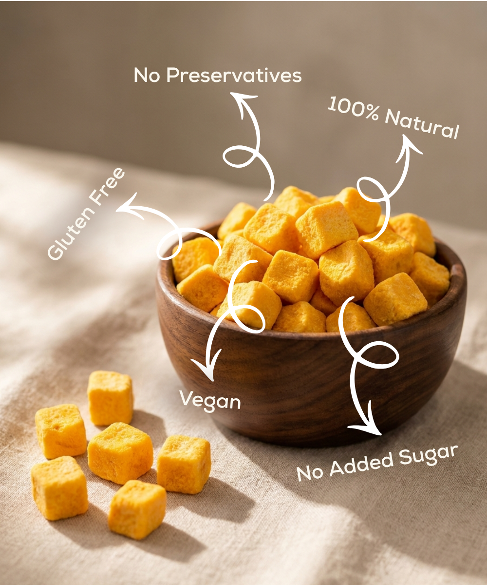 Moon Freeze Dried Mango Cubes by Themoonstoreindia—gluten free, vegan, no preservatives, 100% natural, and no added sugar. Deliciously healthy mango snacks perfect for any time of day.