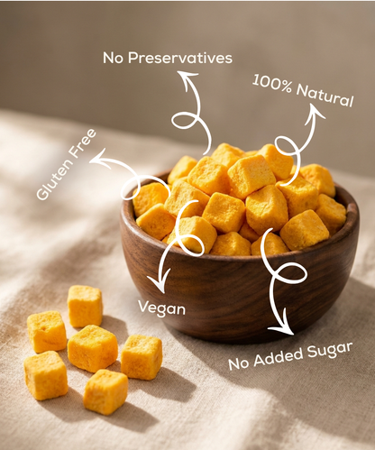 Moon Freeze Dried Mango Cubes by Themoonstoreindia—gluten free, vegan, no preservatives, 100% natural, and no added sugar. Deliciously healthy mango snacks perfect for any time of day.