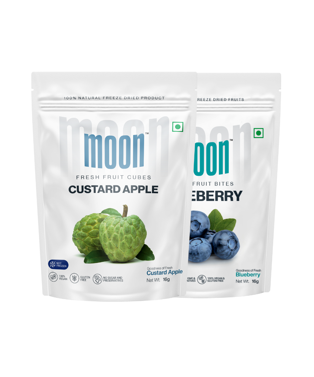 freeze-dried fruit products, featuring packets of Custard Apple cubes and Blueberry bites, emphasizing the natural, healthy, and convenient snack options.