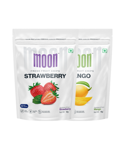 Freeze-dried fruit chips: Strawberry (12g) and Mango (16g) packs.