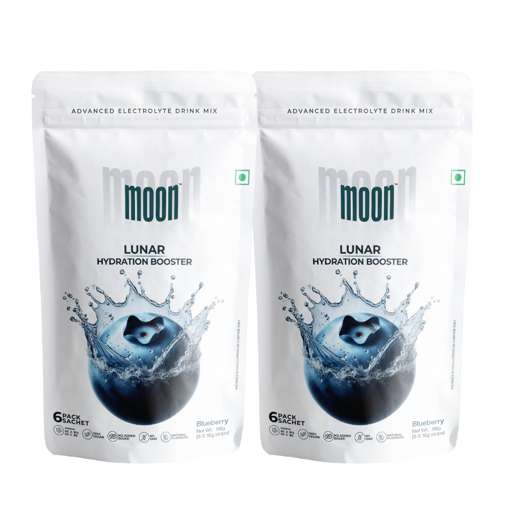 Two packets of Moon Blueberry Lunar Hydration Booster Pack of 2 in grape and natural blueberry flavors, featuring a splash design on the packaging by MOONFREEZE FOODS PRIVATE LIMITED.