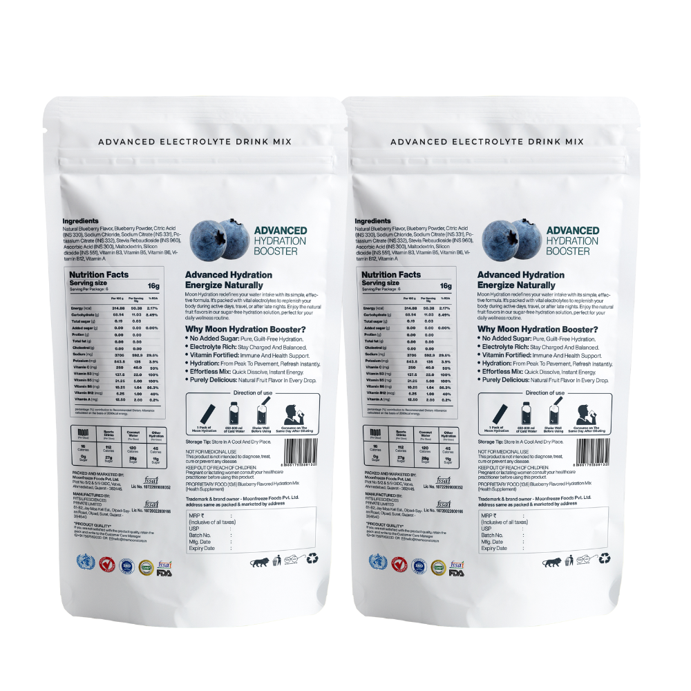 Two packages of Moon Blueberry Lunar Hydration Booster Pack of 2 with natural blueberry flavors, featuring detailed nutritional labels and descriptions on the back. Brand Name: MOONFREEZE FOODS PRIVATE LIMITED