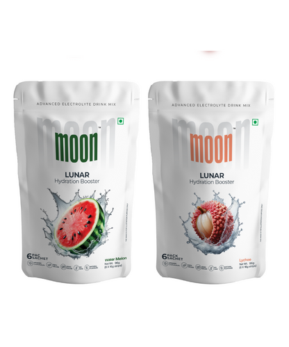 Two pouches of Moon Lunar Watermelon + Lychee Hydration Booster, one with watermelon flavor and the other with lychee flavor by MOONFREEZE FOODS PRIVATE LIMITED.