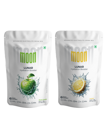 Two pouches of MOONFREEZE FOODS PRIVATE LIMITED's Moon Green Apple + Lemon Lunar Hydration Booster, presented side by side.