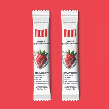 Lunar Hydration Booster Strawberry flavor sachets, 16g, on a vibrant red background.