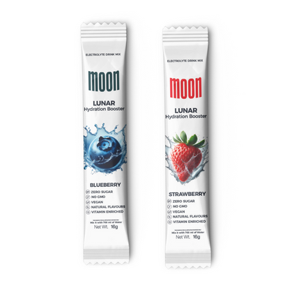 Two packets of Moon Lunar Blueberry and Strawberry Hydration Stick Combo from MOONFREEZE FOODS PRIVATE LIMITED are shown, one labeled "Blueberry Hydrate" with a blueberry image and the other labeled "Strawberry" with a strawberry image. Each electrolyte-rich packet is 16g and promotes zero sugar and natural flavors.