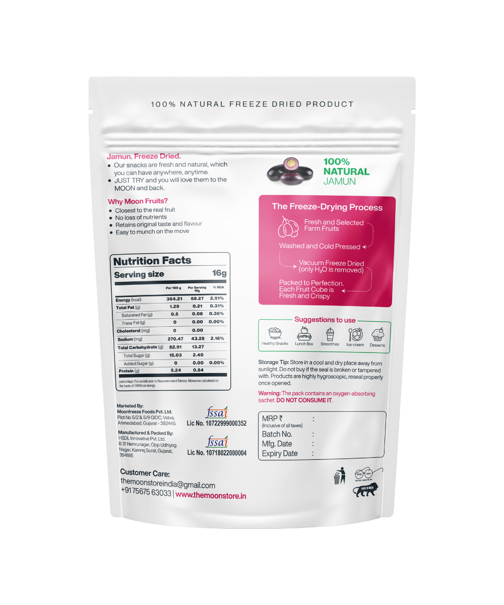 A package of Moon Freeze Astronaut's Diet Pack - Refresh Edition freeze-dried jamun fruit slices with nutrition facts and the freeze-drying process detailed on the back, ideal as part of an astronaut's diet pack from MOONFREEZE FOODS PRIVATE LIMITED.