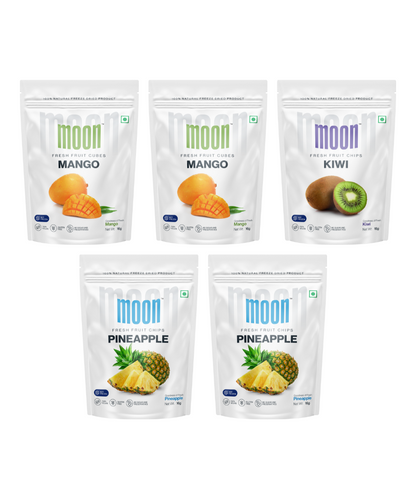 Five packages of MOONFREEZE FOODS PRIVATE LIMITED Moon Freeze Moonlight Festival Packs featuring freeze-dried fruit cubes in Mango Cubes, kiwi, and pineapple flavors.