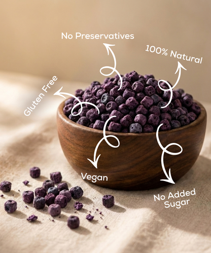 A wooden bowl filled with Themoonstoreindia Moon Freeze Dried Blueberry—antioxidant-rich, 100% natural, gluten-free, vegan, with no preservatives or added sugar.