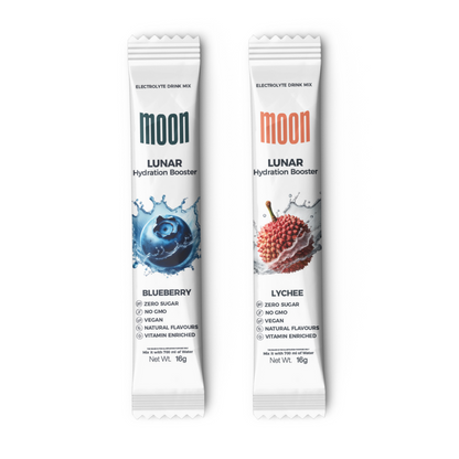 Lunar Hydration Booster sticks in Blueberry and Lychee flavors.