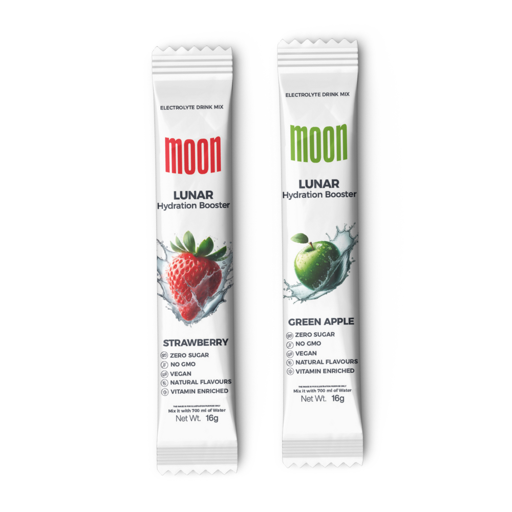 Lunar Hydration Booster sachets in Strawberry and Green Apple flavors, 16g each.