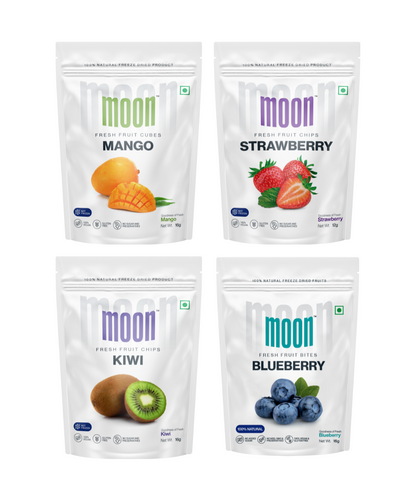 Four packages of MOONFREEZE FOODS PRIVATE LIMITED brand Moon Freeze Stargazer's Delight fresh fruit snacks in different flavors: mango, strawberry, kiwi, and blueberry.
