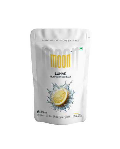 A bag of Moon Lemon Lunar Hydration Booster on a white background by MOONFREEZE FOODS PRIVATE LIMITED.