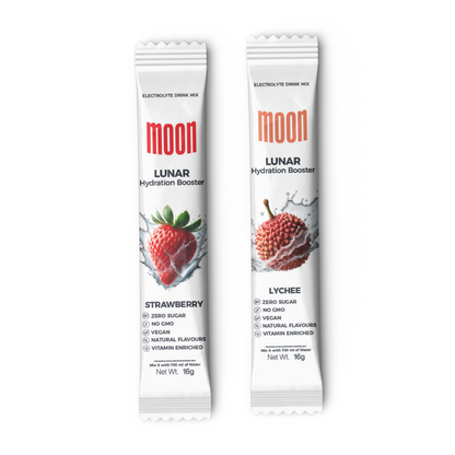 Two packets of the Moon Lunar Strawberry and Lychee Hydration Stick Combo, one with a strawberry flavor and the other with a lychee flavor by MOONFREEZE FOODS PRIVATE LIMITED. Each packet ensures rapid hydration and boasts features like zero sugar, organic ingredients, and vegan-friendly options. Try pairing with the Blueberry Hydration Booster for variety.