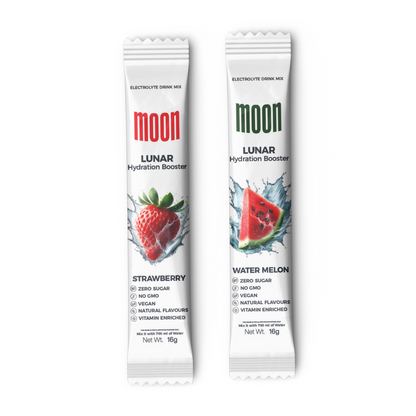 Lunar Hydration Booster sachets in Strawberry and Watermelon flavors, 16g each.