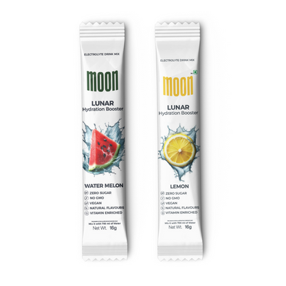 Lunar Hydration Booster in Watermelon and Lemon flavors, vegan, and vitamin-enriched.