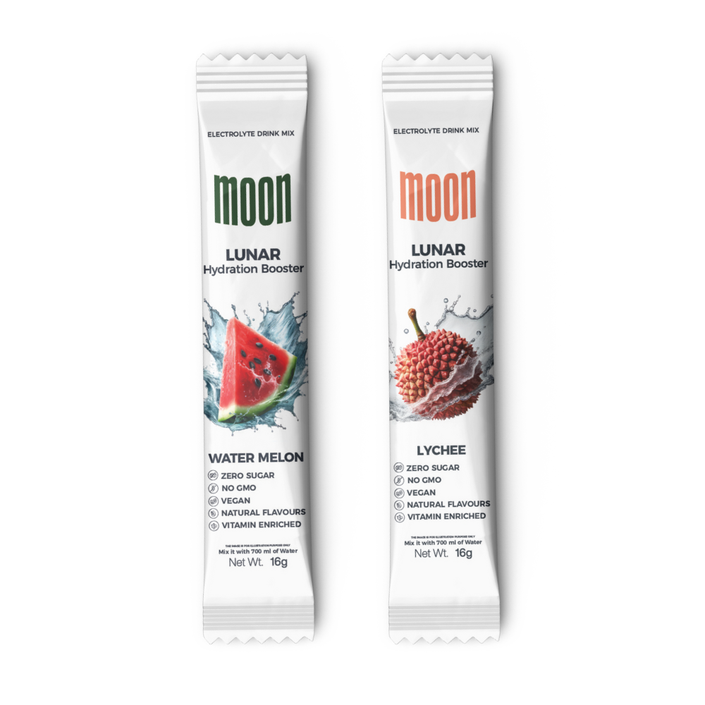 Two sachets of "Moon Lunar Watermelon and Lychee Hydration Stick Combo" from MOONFREEZE FOODS PRIVATE LIMITED, one watermelon-flavored and the other lychee-flavored, promise rapid hydration as they are displayed side by side against a white background.