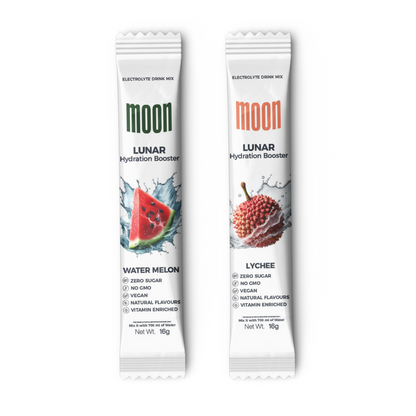 Lunar Hydration Booster sticks in Watermelon and Lychee flavors, vegan and vitamin-enriched.