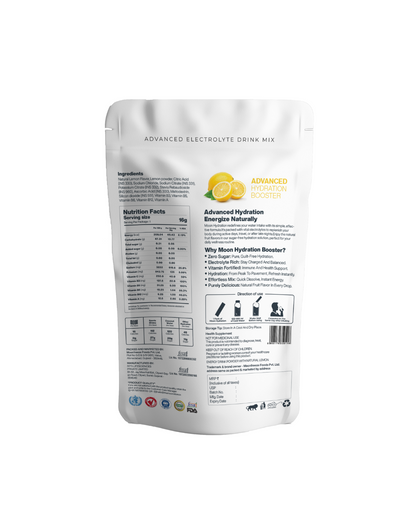 Back view of a Moon Lunar Green Apple + Lemon Hydration Booster supplement packaging with nutritional information and product benefits listed from MOONFREEZE FOODS PRIVATE LIMITED.