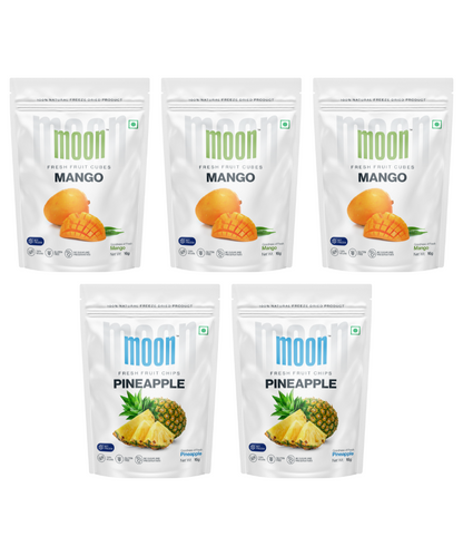 Five packages of "Moon Freeze Supernova Offer" brand freeze-dried fruit cubes with two mango flavor and three pineapple flavor.