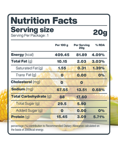 Nutrition facts for Freeze Dried Crispy Corn Peri Peri, the crunchy and low-calorie delight by MOONFREEZE FOODS PRIVATE LIMITED.