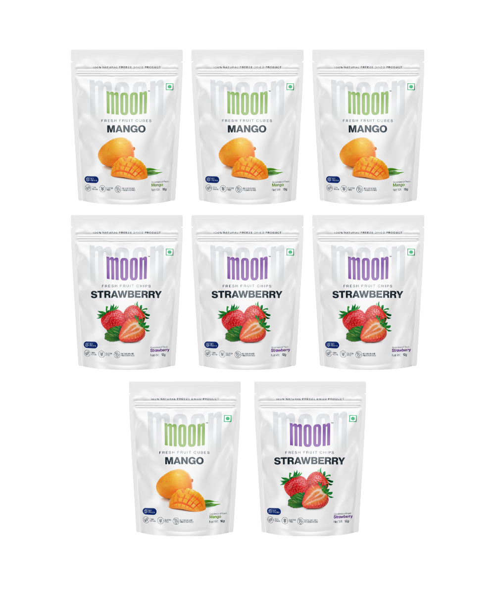 Nine packages of Moon Freeze Cosmic Bulk Packs in mango cubes and strawberry flavors displayed in rows, perfect for snacking.