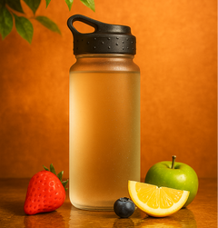 The MOONFREEZE FOODS PRIVATE LIMITED Quick Hydration Bottle, featuring a black lid and frosted finish, is shown on a reflective surface beside a strawberry, blueberry, lemon wedge, green apple, and a hanging leafy plant above.