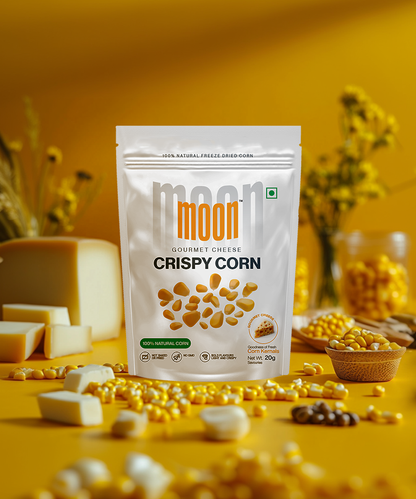 A bag of "Freeze Dried Crispy Corn Gourmet Cheese" by MOONFREEZE FOODS PRIVATE LIMITED stands proudly on a table, surrounded by corn kernels, gourmet cheese blocks, and vibrant yellow flowers, celebrating its delightful plant-based crunch.