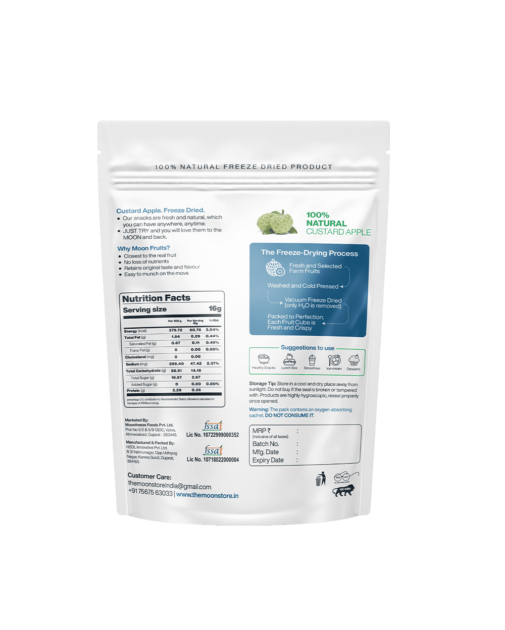 freeze-dried Custard Apple product packaging, providing detailed information about the nutrition facts, freeze-drying process, and product benefits, emphasizing the natural quality and health benefits of the product.