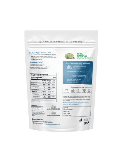 freeze-dried Custard Apple product packaging, providing detailed information about the nutrition facts, freeze-drying process, and product benefits, emphasizing the natural quality and health benefits of the product.