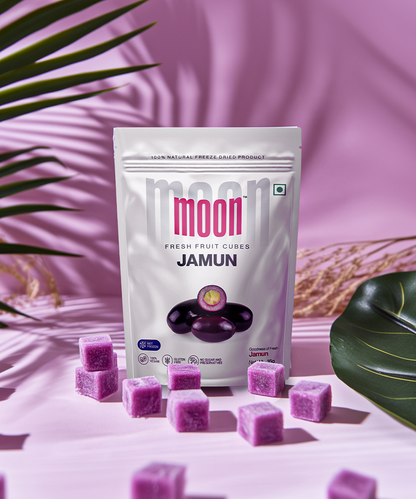 Freeze-Dried Jamun Cubes, vibrant and rich in natural flavor, displayed in a tropical setting.