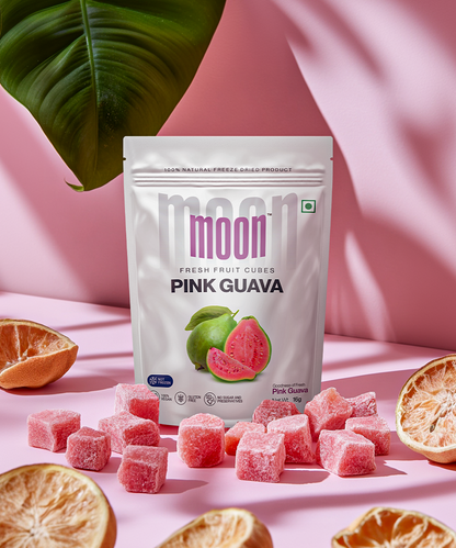 Pink Guava freeze-dried fruit cubes beautifully displayed with a tropical vibe.