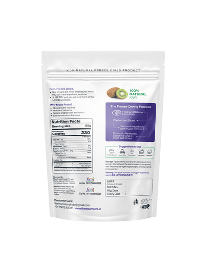 Freeze-Dried Kiwi Slices package, detailing the freeze-drying process, nutritional facts, and benefits of the 100% natural kiwi product.