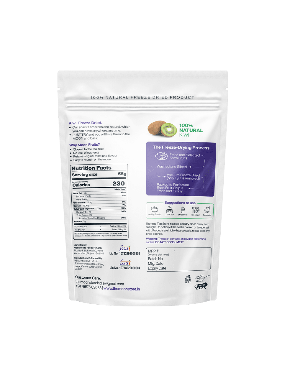 A stand-up pouch of 100% natural MOONFREEZE FOODS PRIVATE LIMITED Freeze Dried Chikoo + Kiwi with nutritional information and a kiwi slice image on the front promises a nutrient-rich snacking experience.