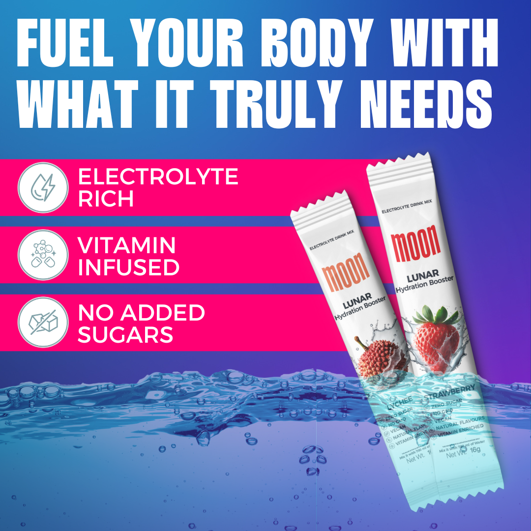 Lunar Hydration Booster: Electrolyte Rich, Vitamin Infused, No Added Sugars.