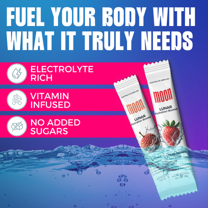 Promotional image for "Moon Lunar Strawberry and Lychee Hydration Stick Combo" from MOONFREEZE FOODS PRIVATE LIMITED, highlighting features: fast hydration, electrolyte-rich, vitamin-infused, and no added sugars, shown with two product wrappers over a water background.