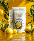 The packaging for MOONFREEZE FOODS PRIVATE LIMITED's Lunar Hydration Booster - Lemon Flavour features fresh lemons and green leaves on a vibrant yellow background, highlighting its rich B-vitamin complex.